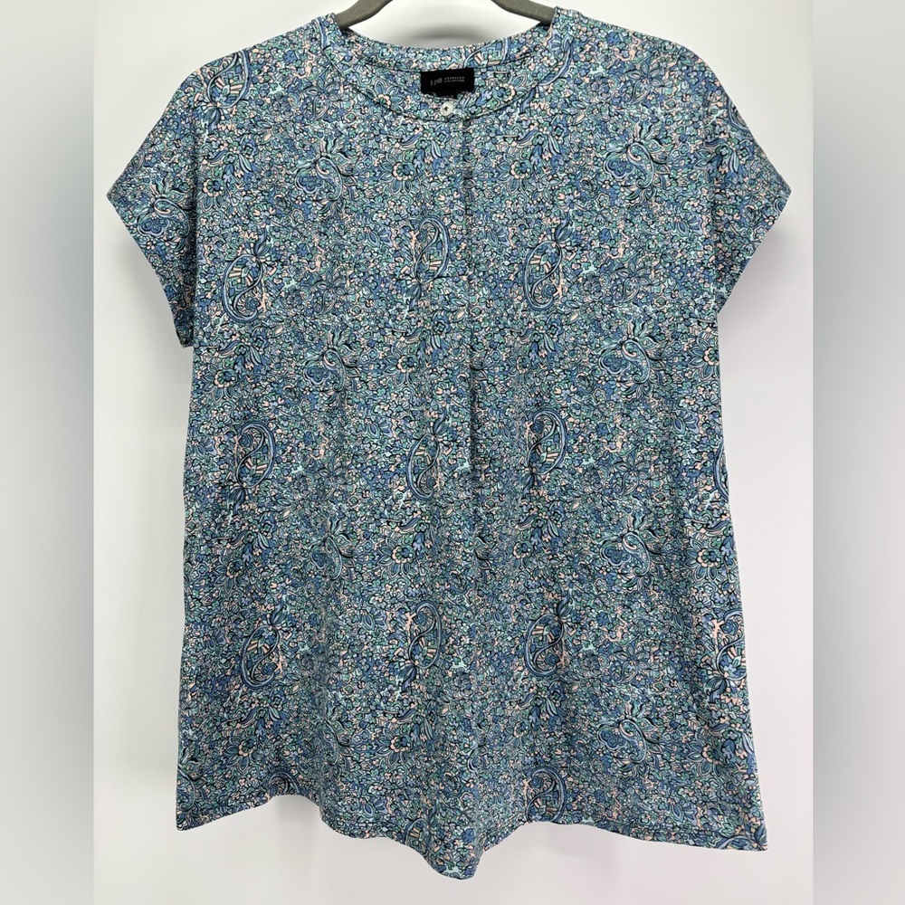 J Jill Wearever Collection top XS ditsy floral paisley print blue short sleeve